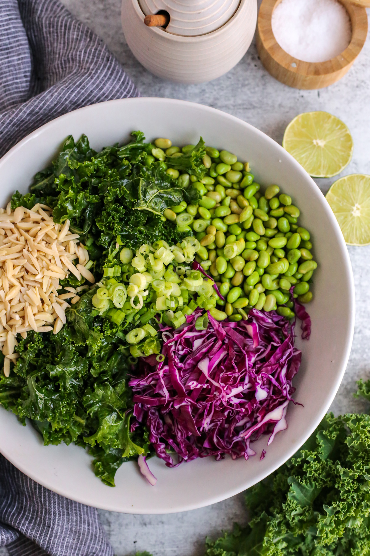 Overhead view of a large white mixing bowl with the unmixed version of the massaged kale salad, showing the individual ingredients on top of the pile of raw, massaged kale
