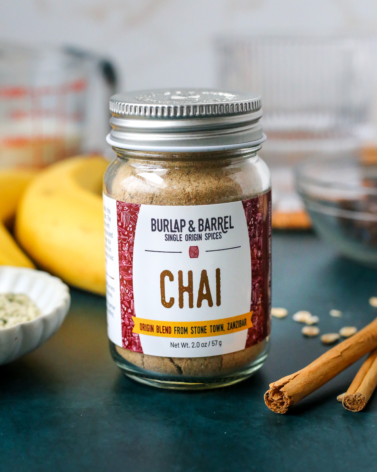 A jar of chai spice blend from Burlap and Barrel. 