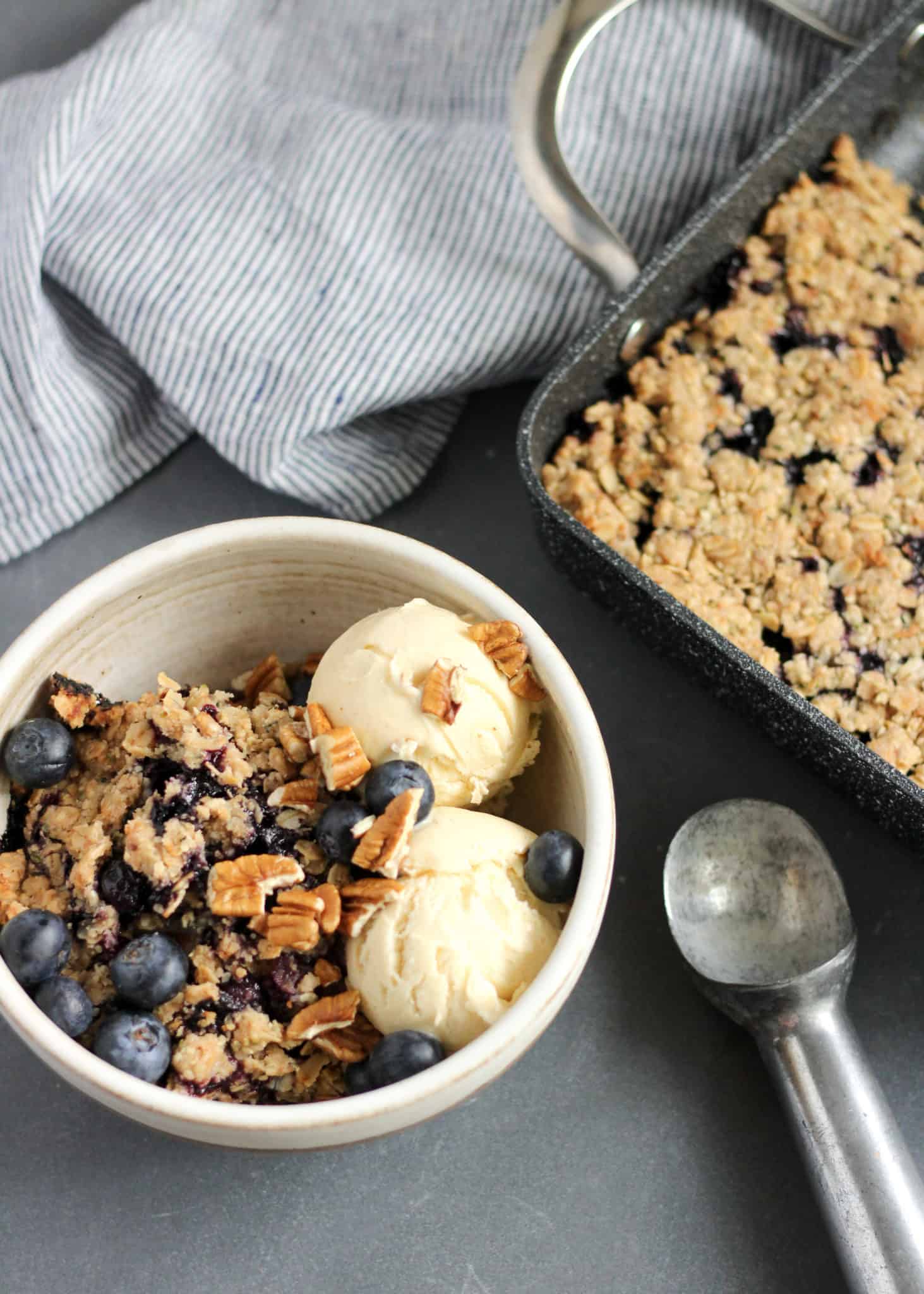 Blueberry Crumble with Hemp Hearts dessert with ice cream