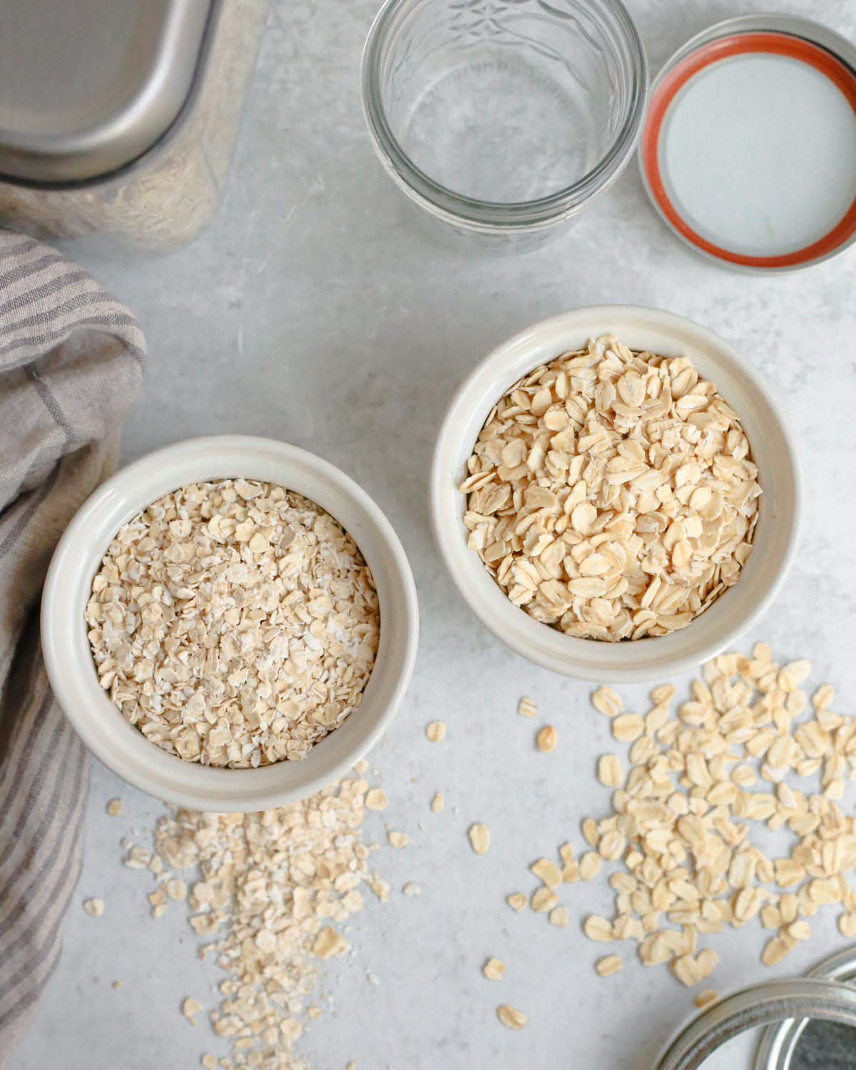 A side by side comparison of instant oats and quick oats or old fashioned oats, showing the differences in size and textures