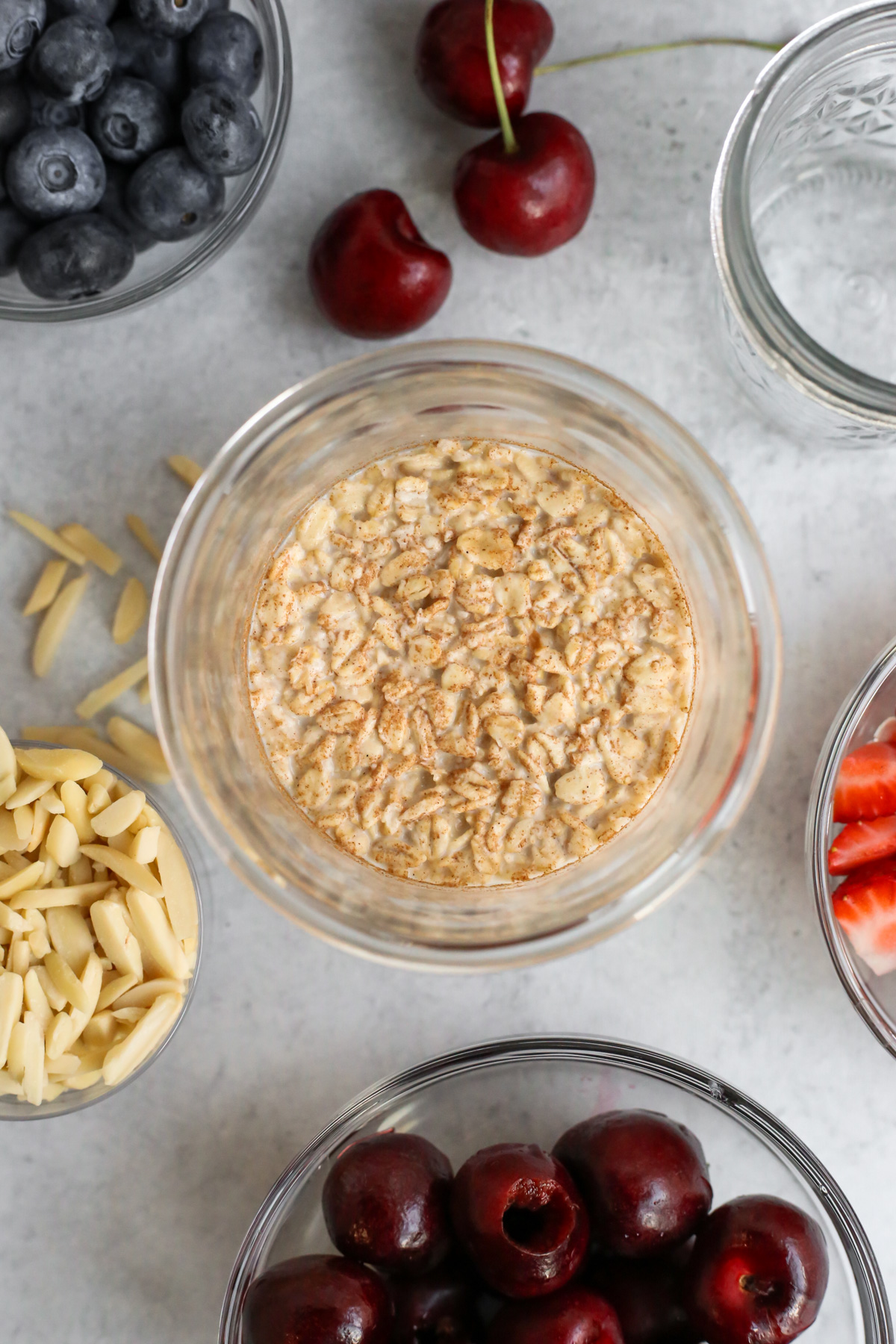 Overhead view of overnight oats after they have been refrigerated, showing the softened, creamy texture as they absorb all the excess liquid