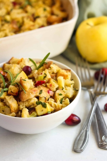 Learn how to make this Apple-Cranberry Holiday Stuffing for your family feast, plus tips about how to prep recipes in advance to save time