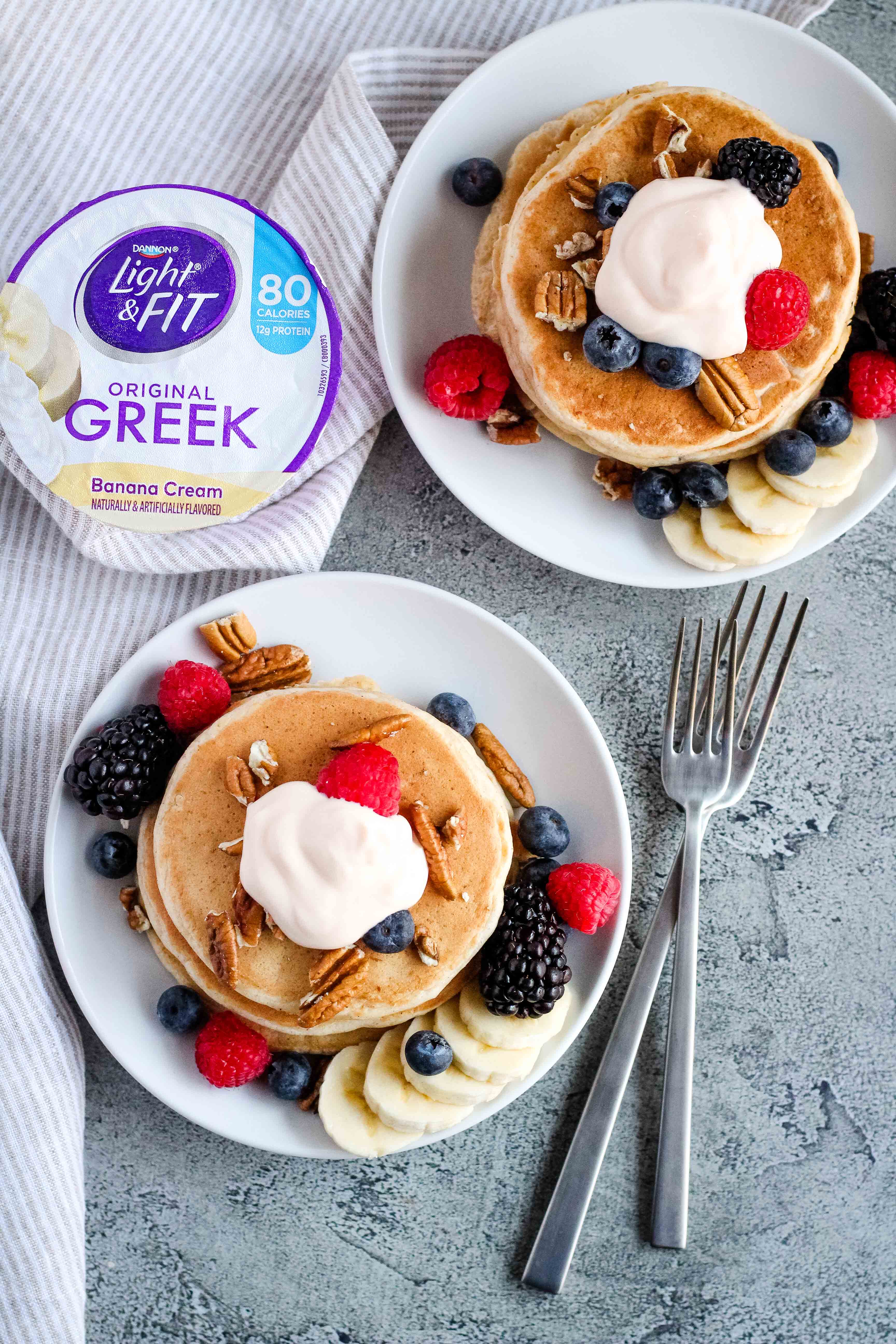 Banana Cream and Cardamom Pancakes | Upgrade your holiday breakfast plans with these fluffy and flavorful Banana Cream and Cardamom Pancakes with Dannon Light & Fit