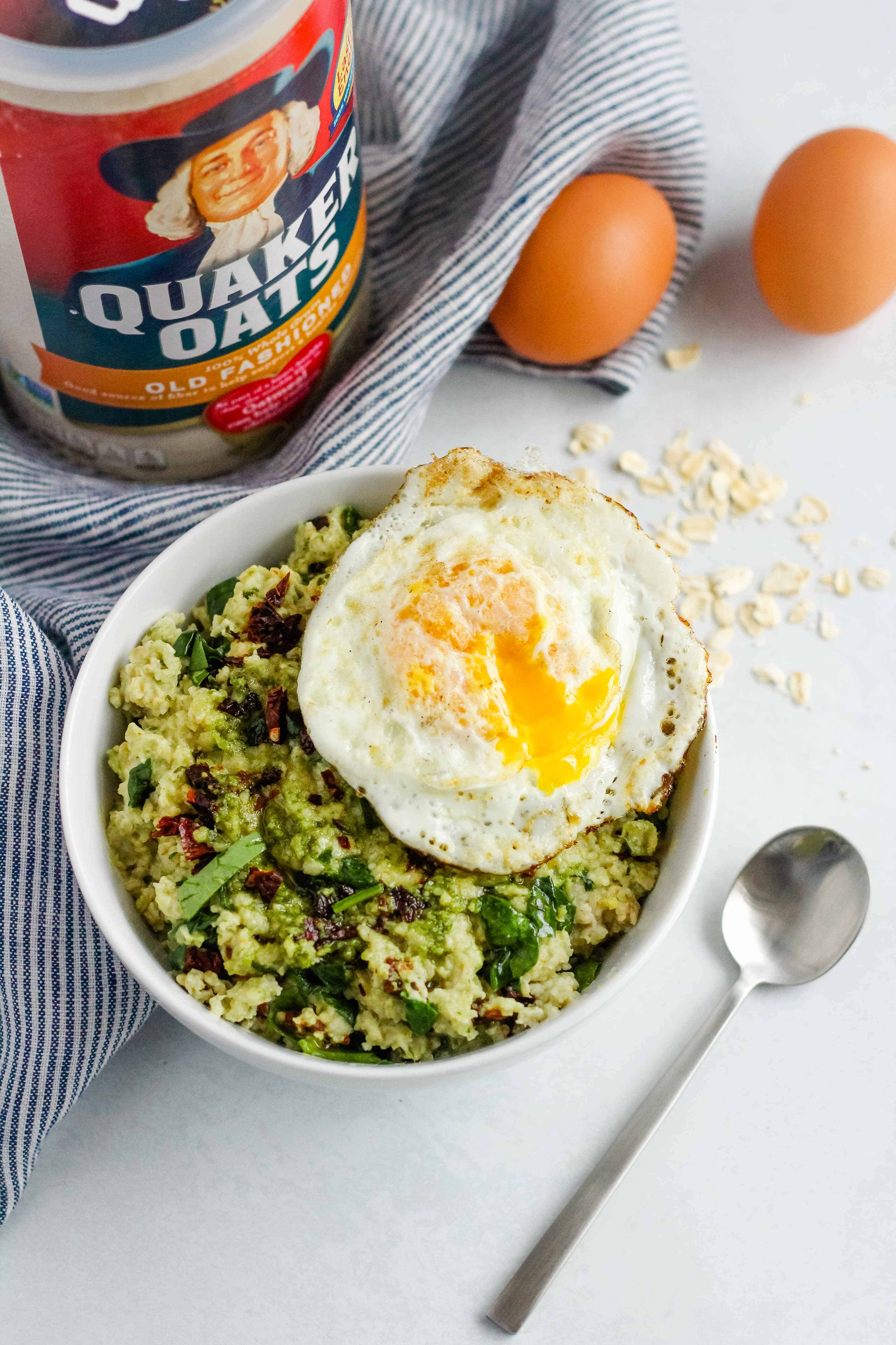 Savory Pesto Oatmeal Bowl | Wake up and start your morning with this savory oatmeal breakfast bowl made with Old Fashioned Oats. This savory pesto oatmeal bowl is ready in minutes