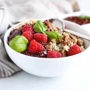Balsamic Raspberry Oatmeal Bowl with Raspberry Chia Jam