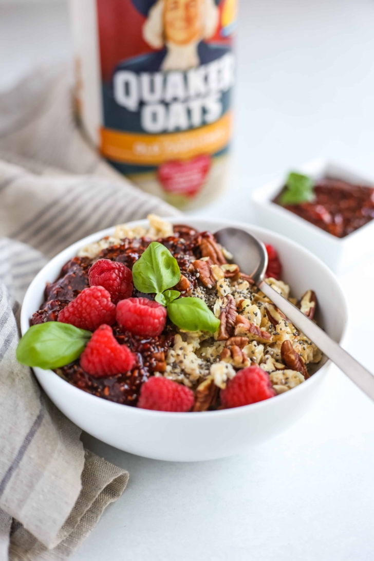 Balsamic Raspberry Oatmeal Bowl with Raspberry Chia Jam