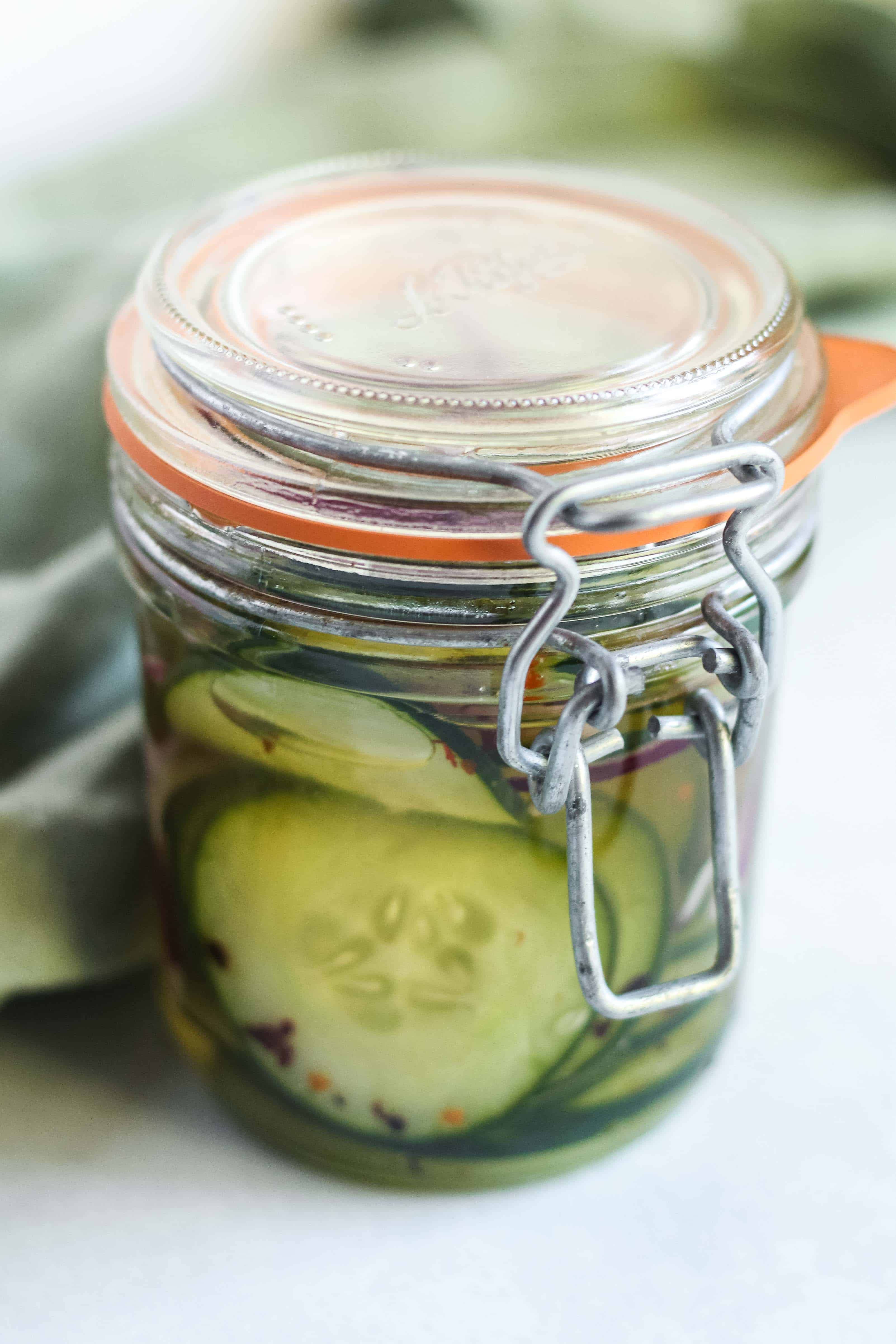 Quick Pickled Cucumbers in a glass jar