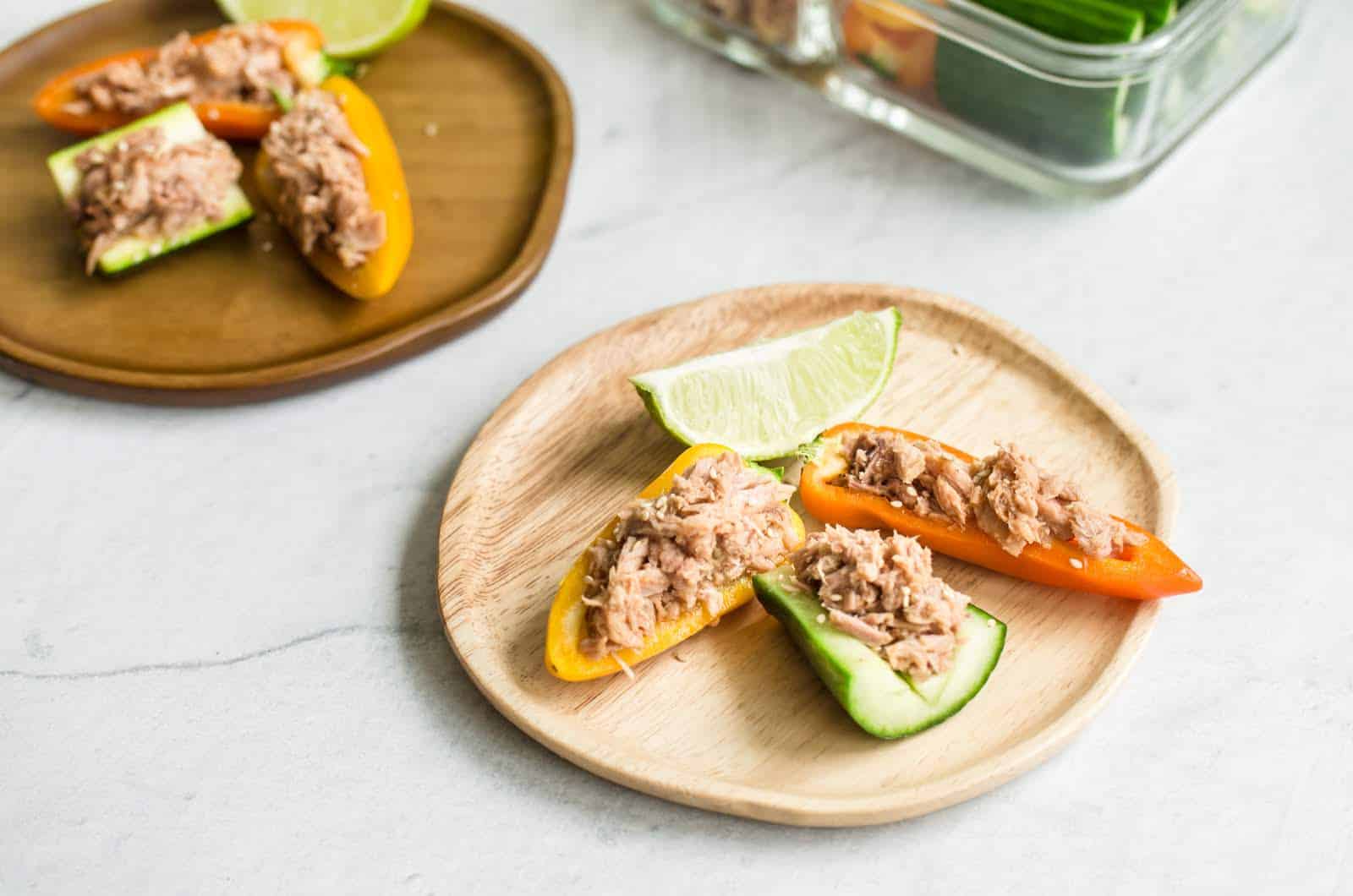 Wondering what to make with canned tuna? Look no further than these Spicy Tuna Veggie Boats - they're a super easy no-cook lunch idea with tons of flavor