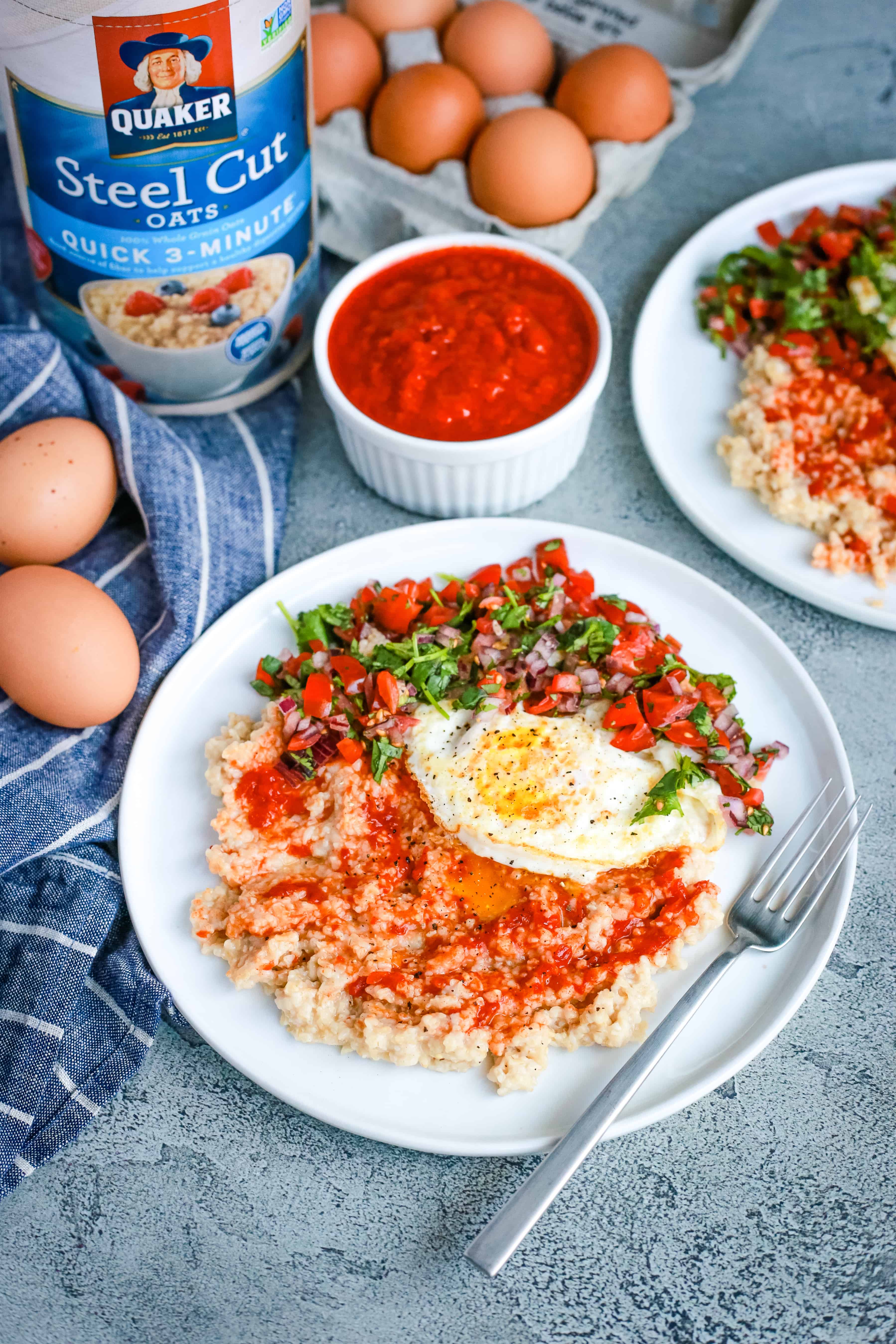 Spicy Harissa Oatmeal with Eggs and Quaker Steel Cut Oats
