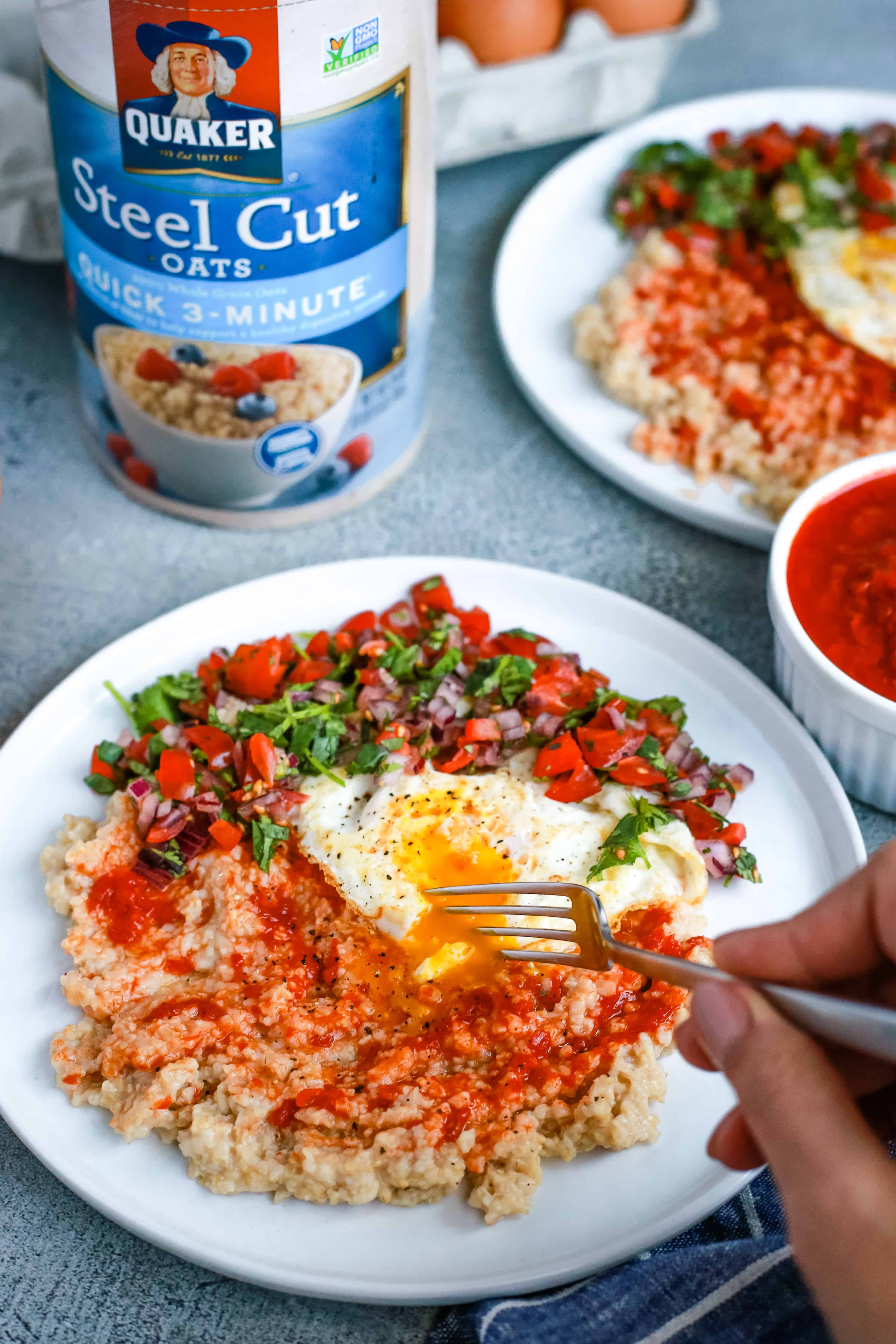 Spicy Harissa Oatmeal with Eggs and Quaker Steel Cut Oats