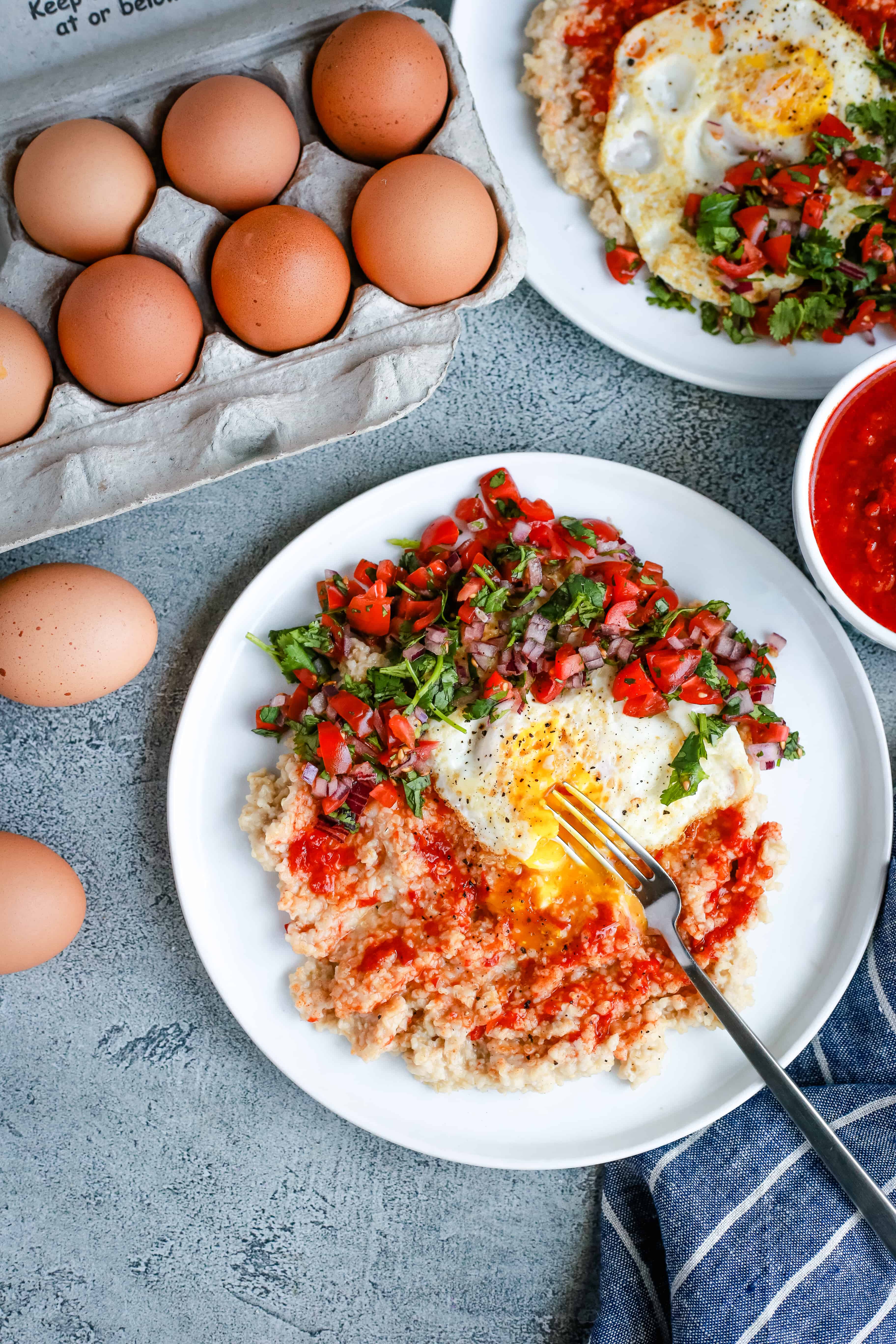 Spicy Harissa Oatmeal with Eggs and Quaker Steel Cut Oats