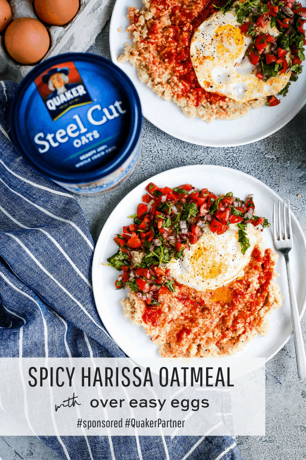 Spicy Harissa Oatmeal with Eggs and Quaker Steel Cut Oats