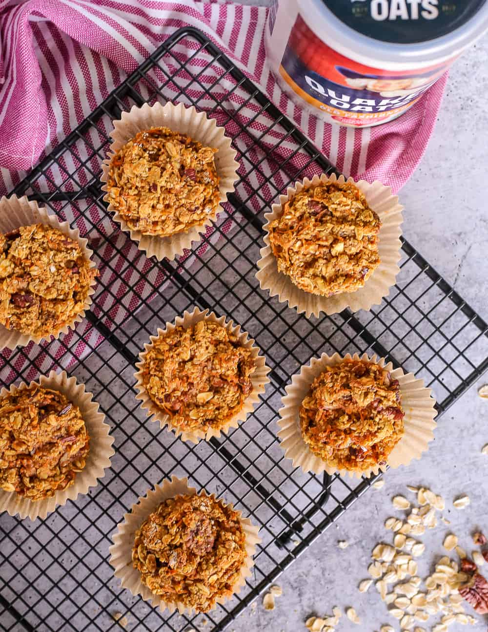 Overhead view of baked muffins on a cooling rack