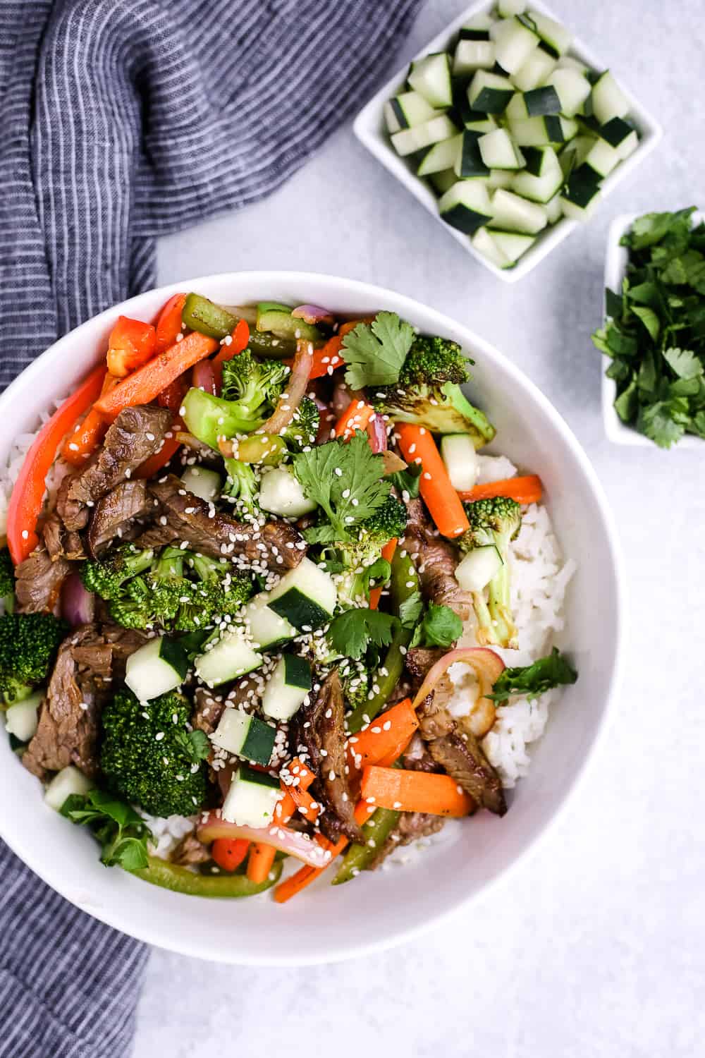 Skirt steak stir fry with beef, veggies, and rice