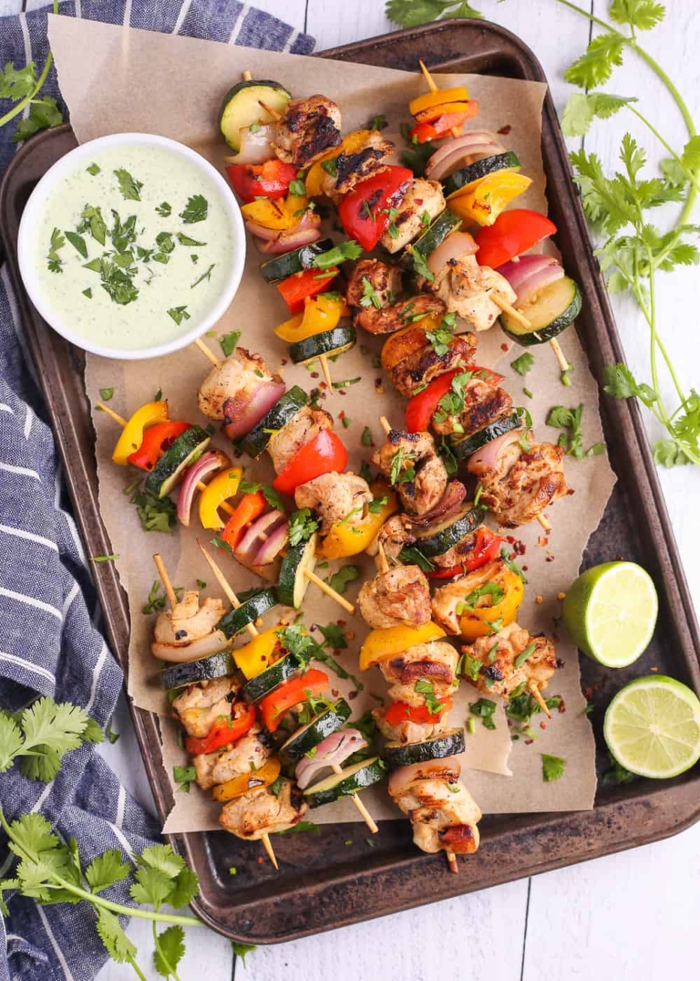 YogurtMarinated Grilled Chicken Kebabs with CilantroFeta Sauce