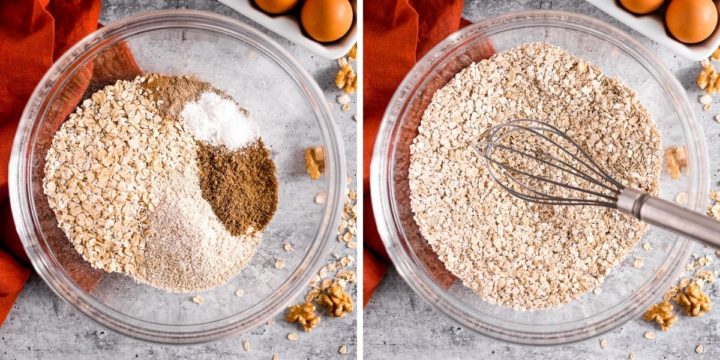 Overhead view of dry ingredients for Banana Nut Baked Oatmeal Cups, before and after stirring