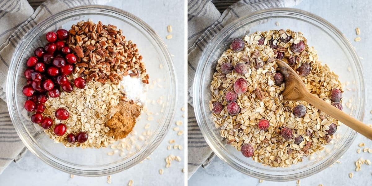 An overhead view of a clear glass mixing bowl with the dry ingredients for this maple pecan baked oatmeal recipe