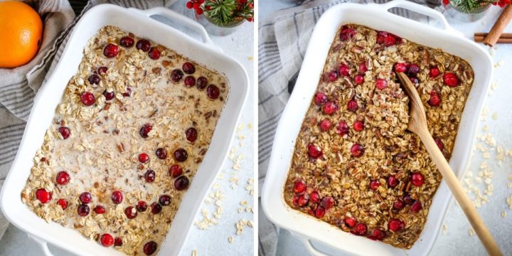 Maple Pecan Baked Oatmeal, before and after baking, in a white casserole baking dish on a kitchen countertop