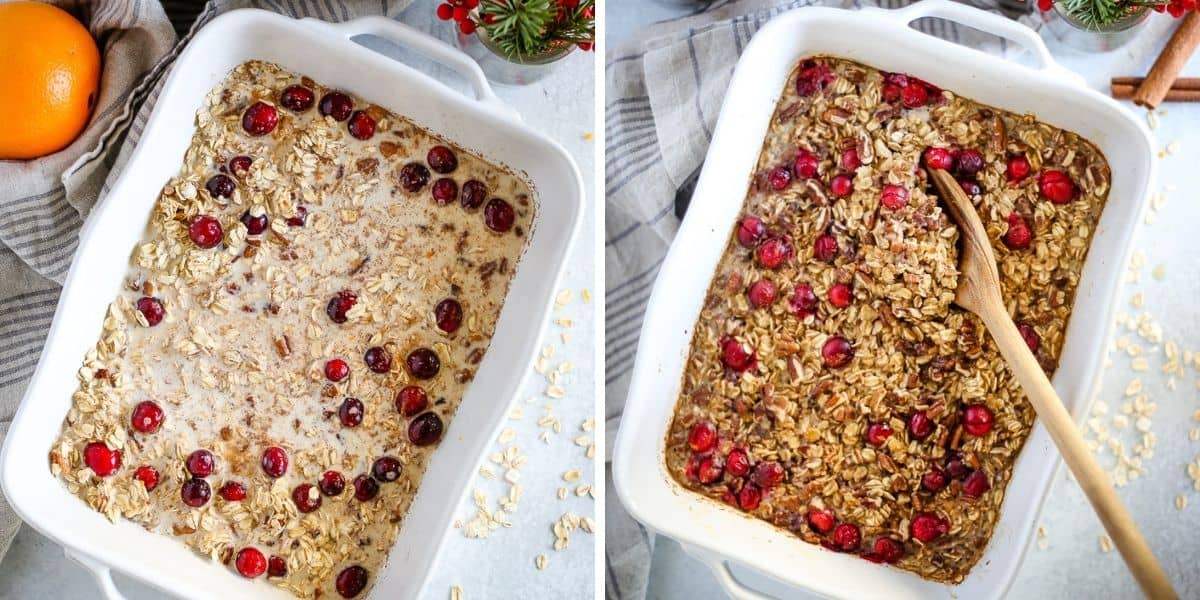 Maple Pecan Baked Oatmeal, before and after baking, in a white casserole baking dish on a kitchen countertop 