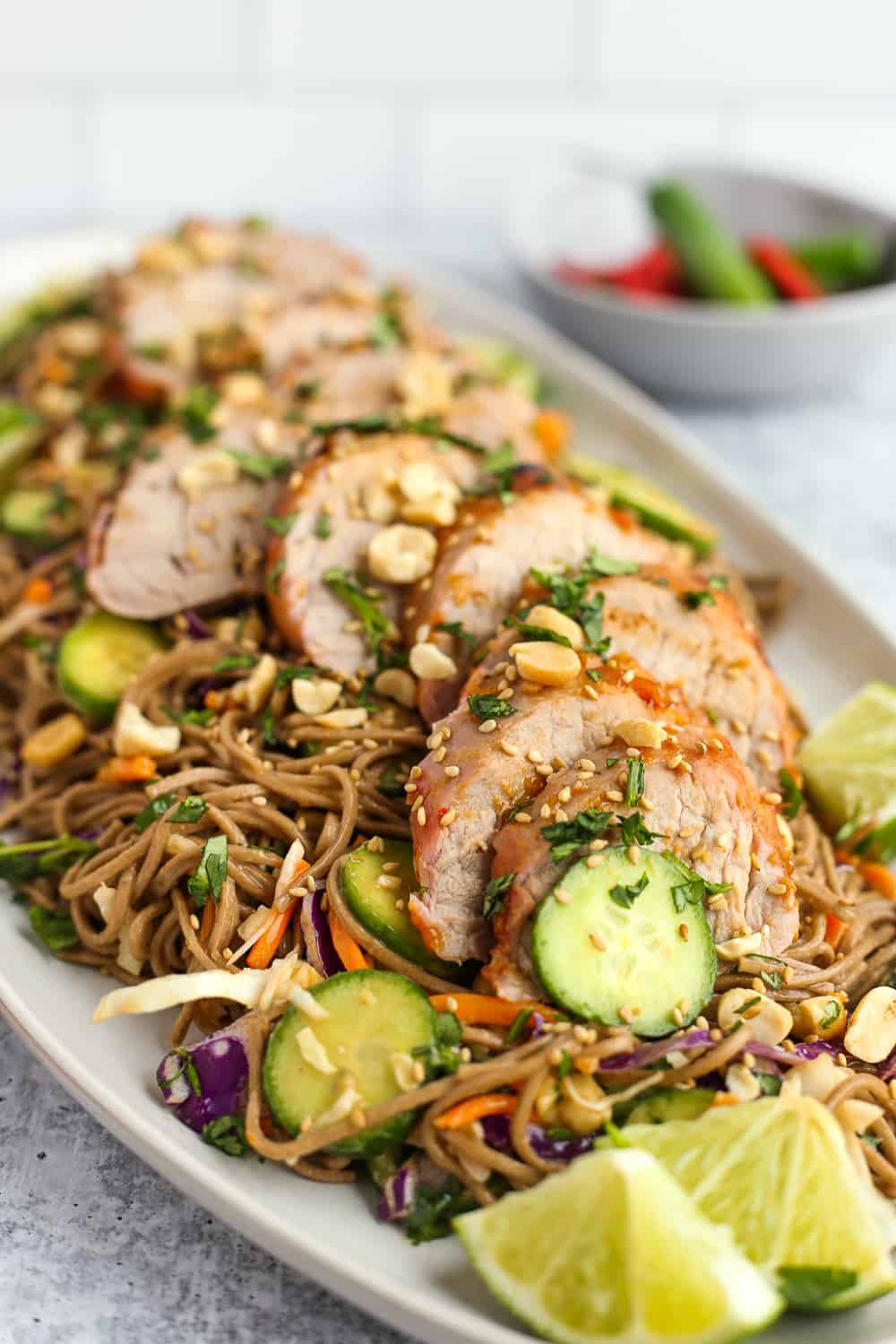 An angled view of the chilled soba noodle salad recipe with pork tenderloin, creamy peanut sauce, and colorful veggies