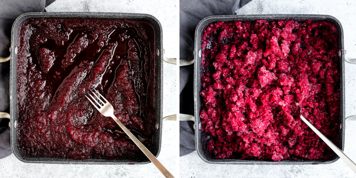 A view of a cranberry granita before and after freezing, in a shallow baking dish with a silver fork in the bottom right corner