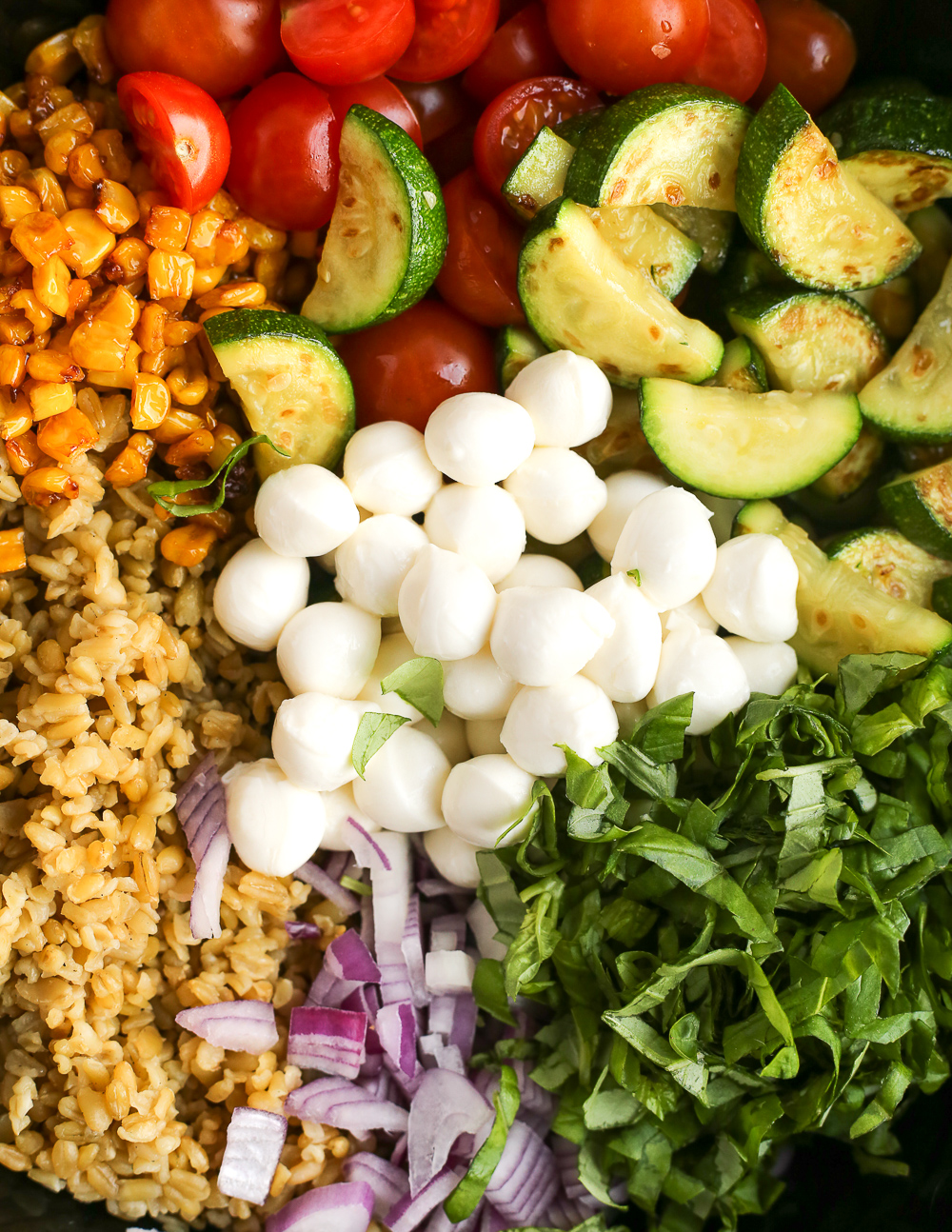 A close up shot of the ingredients for the Freekeh salad in a black mixing bowl: cooked grains, mozzarella pearls, cooked zucchini, diced red onion, chopped tomatoes, and chopped basil