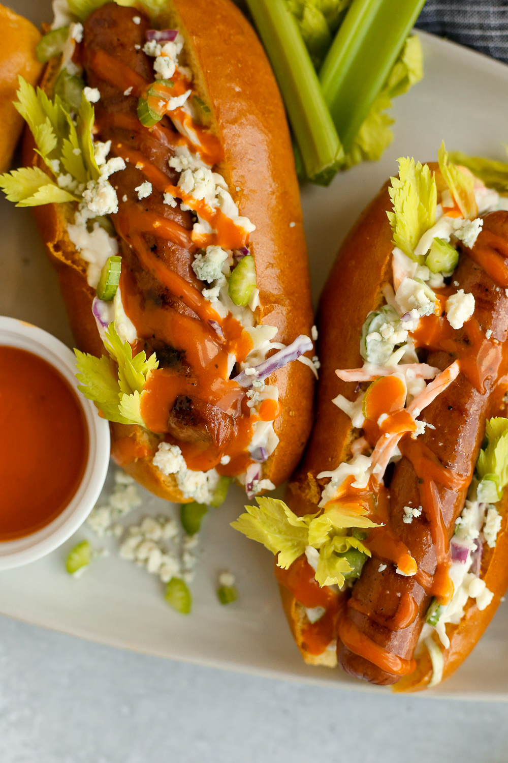 Spicy Buffalo Hot Dogs with Blue Cheese Slaw, Plus Hot Dog Bar Ideas