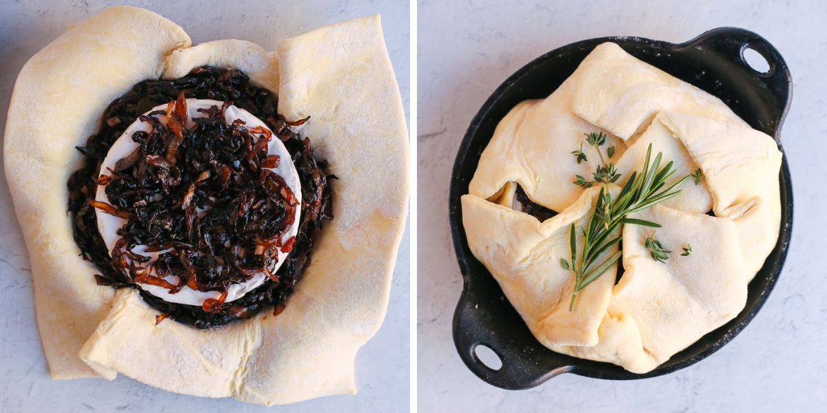 Graphic showing the steps to make a Baked Brie appetizer in puff pastry. Left image show the brie and caramelized onions in the center of the open puff pastry sheet, right image shows the sealed puff pastry in a small cast iron skillet ready to be baked