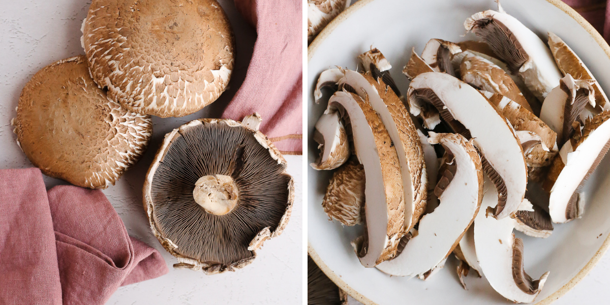 Left image shows three large portobello mushroom caps on a kitchen counter with one upside down to show the stem, Right image shows sliced portobello mushrooms caps in a prep bowl