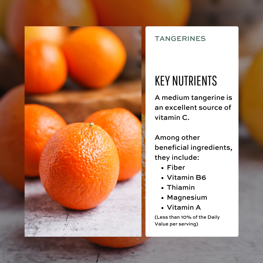 Infographic with an image of a Florida tangerine, with black text on a white background listing the nutrients in Florida Citrus