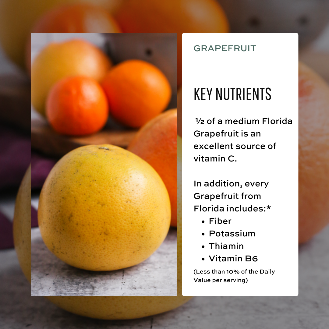 Infographic showing a Florida Grapefruit, with black text on a white background listing the nutrients found in Florida Citrus