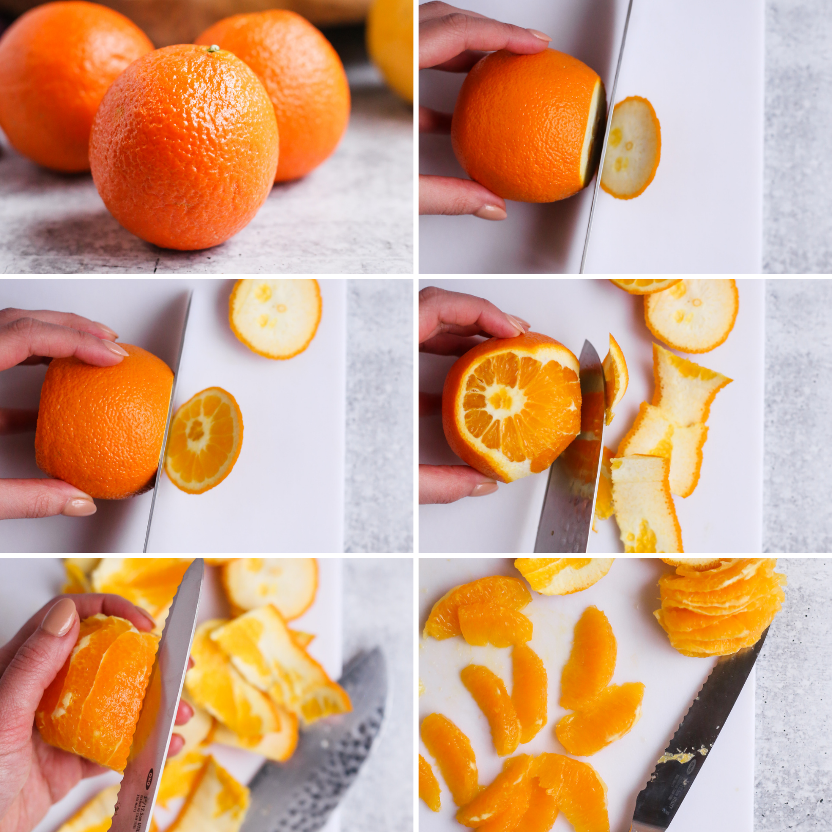 Multi-image graphic showing the step by step method to supreme Florida Oranges, a method that can also be used with Florida Citrus