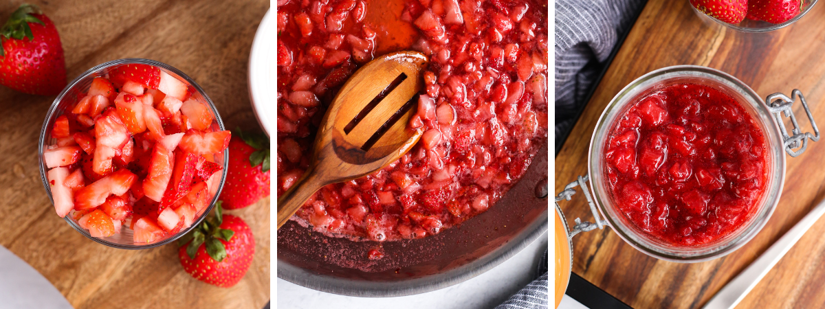 Three images showing how to make the strawberry puree for Korean Strawberry milk, first showing an overhead shot of diced strawberries, then a skillet cooking the strawberry puree, then a glass storage container with the finished puree 