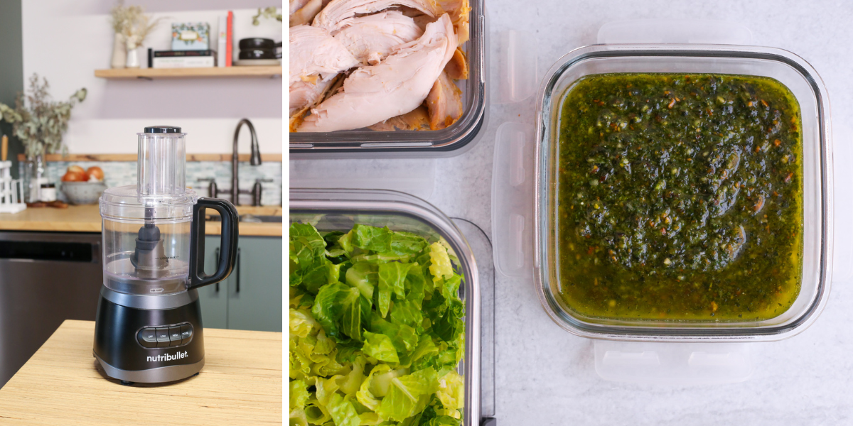 Graphic with two images, on the left is a nutribullet food processor in a kitchen scene, on the right is an overhead view of several open meal prep containers, one containing a pesto sauce made for salads and leftover chicken dishes