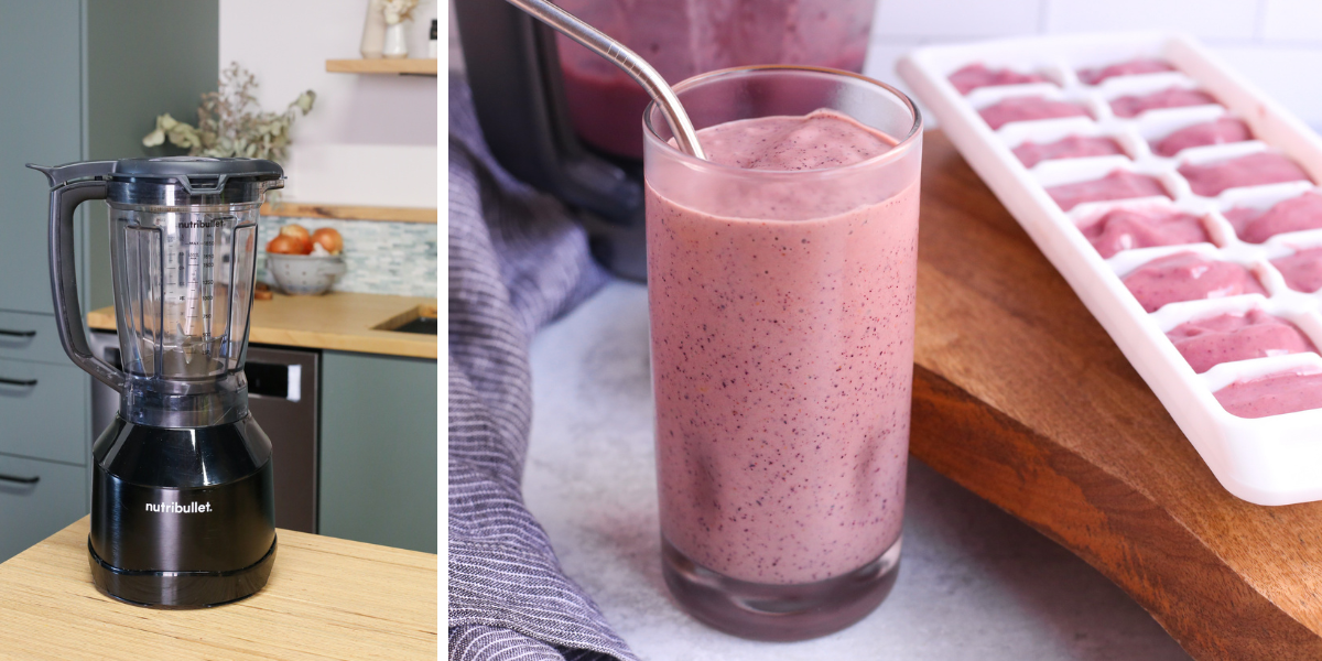 Graphic with two images, on the left is a black nutribullet blender in a kitchen scene, on the right is a glass with a pink colored smoothie served with a metal straw and leftovers poured into an ice cube tray as a simple meal prep idea