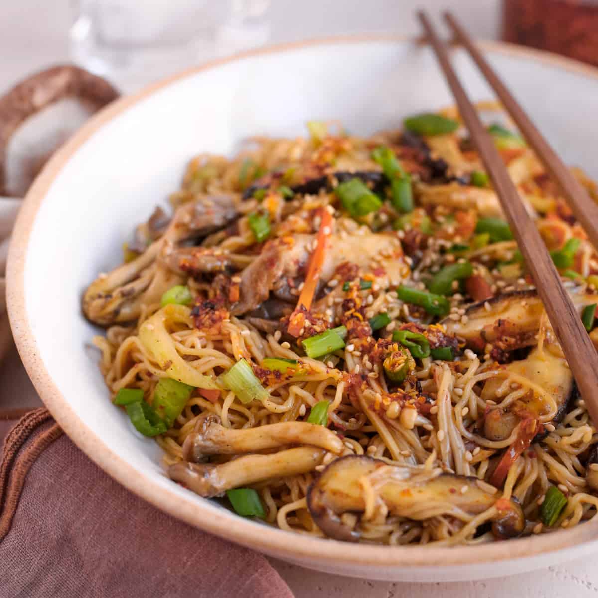 Close up shot of mushroom stir-fry noodles