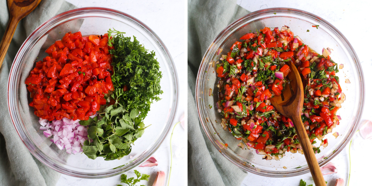 Left image shows a clear glass mixing bowl with the unmixed ingredients for Roasted Red Pepper Relish, right image shows the same mixing bowls with the finished relish along with a wooden spoon for mixing and serving