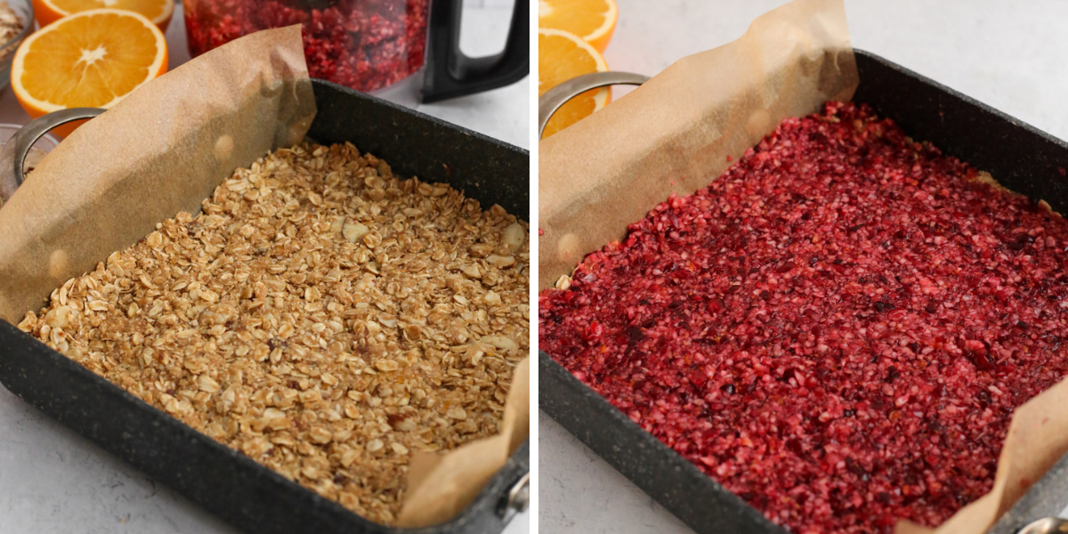 Left image shows a view of a prepared square baking dish with a layer of crumbly oats, right image shows the same baking dish now covered with a layer of chopped cranberries and orange zest