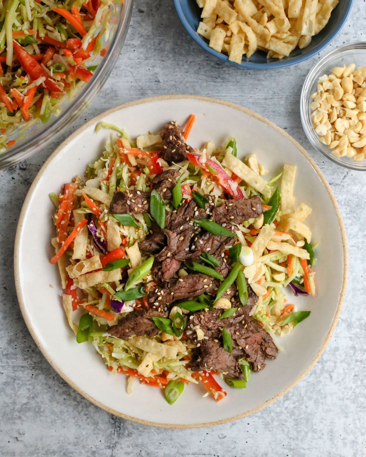 Overhead view of a steak salad garnished with toasted sesame seeds and crispy wonton strips, with bright pieces of carrot, green onion, and red bell pepper mixed throughout