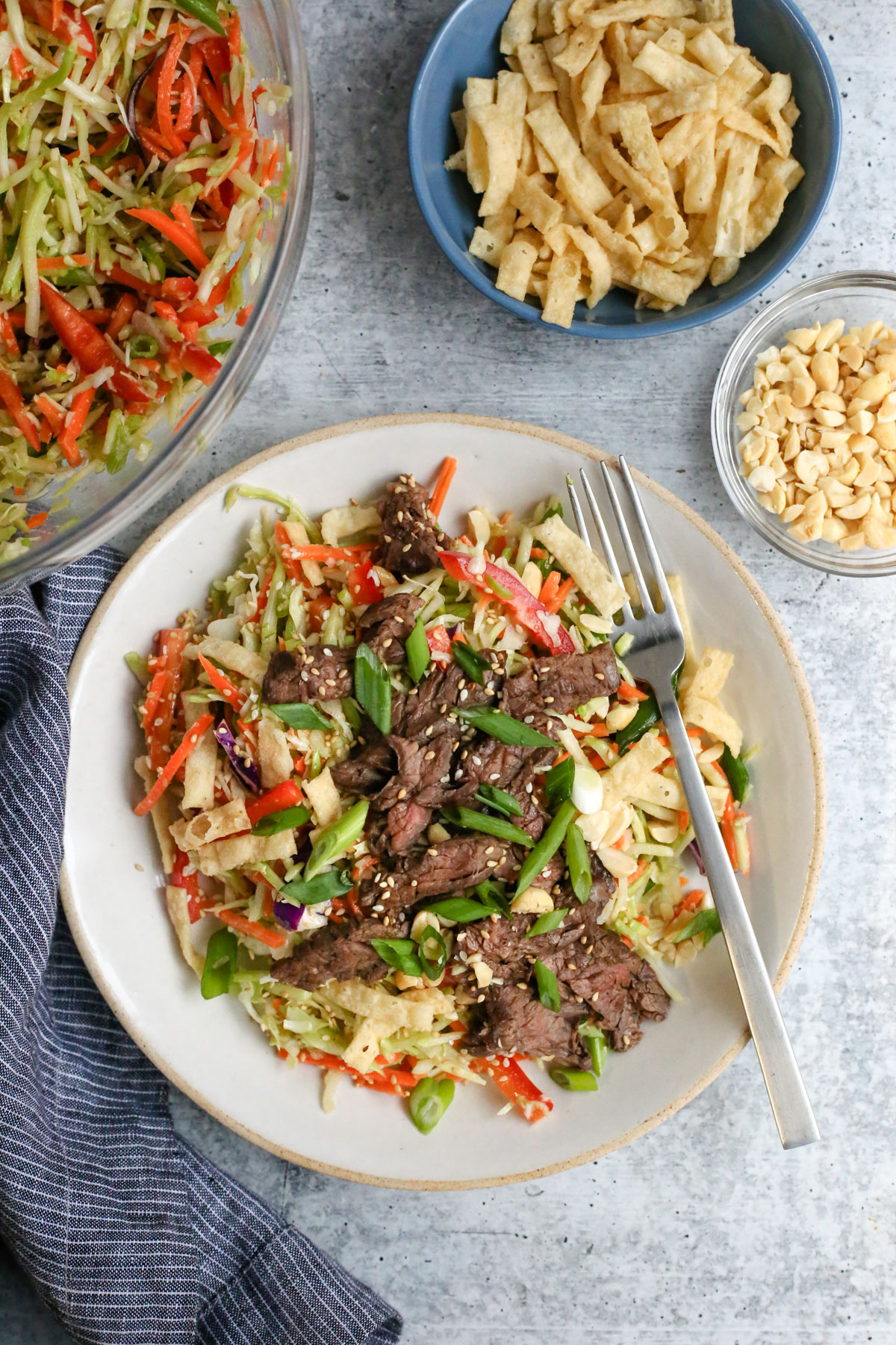 Overhead view of a steak salad made with a skirt steak, shredded vegetables, and a ginger miso dressing