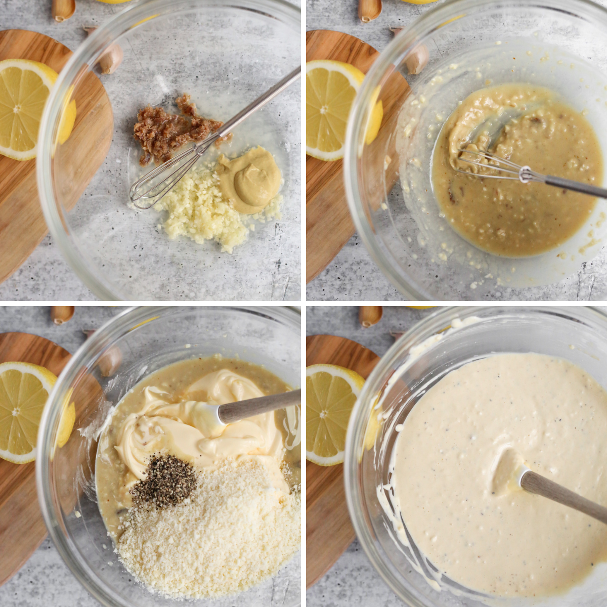 A four-image series showing the overhead view of a glass mixing bowl with the ingredients for a homemade caesar salad dressing recipe being mixed and whisked to a chunky, creamy consistency