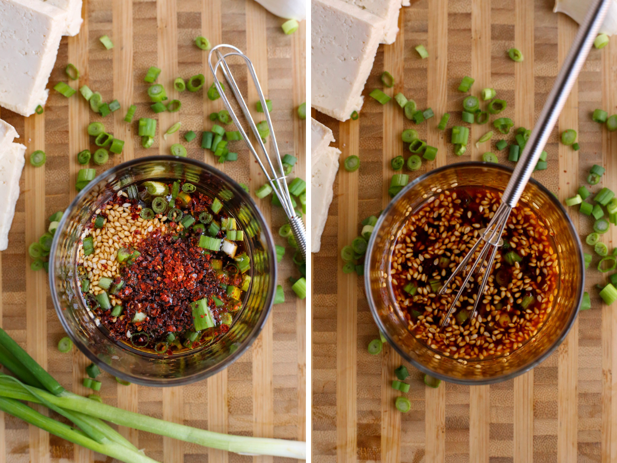 Two image series showing the ingredients for dubu jorim braising liquid in a clear glass ramekin with a small silver metal whisk, before and after stirring. The sauce is deep red and sesame seeds and sliced green onions are suspended in the liquid