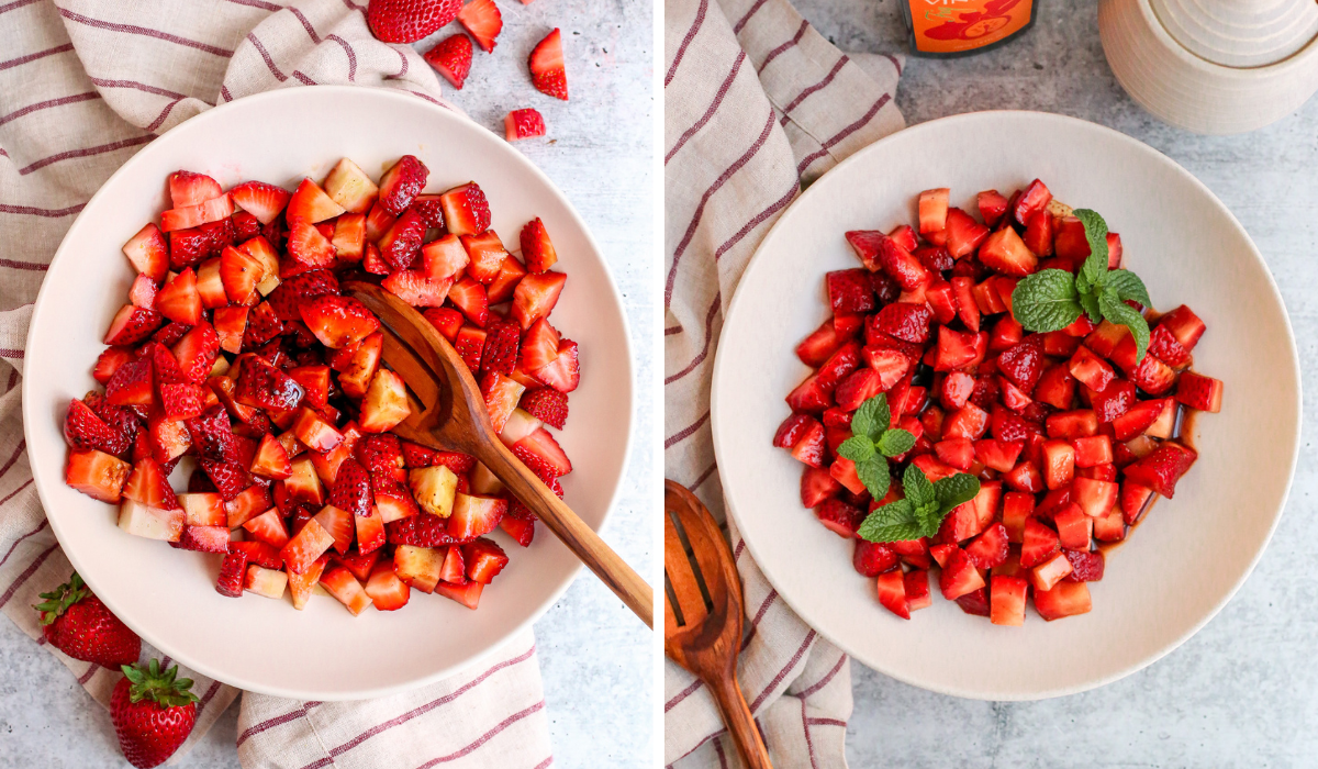 Before and after overhead images of balsamic macerated strawberries, with the before image on the left showing fresh, sliced strawberries with a drizzle of balsamic vinegar (unmixed), and the right image showing macerated strawberries in a darker red color with a softer texture, garnished with fresh mint after being refrigerated