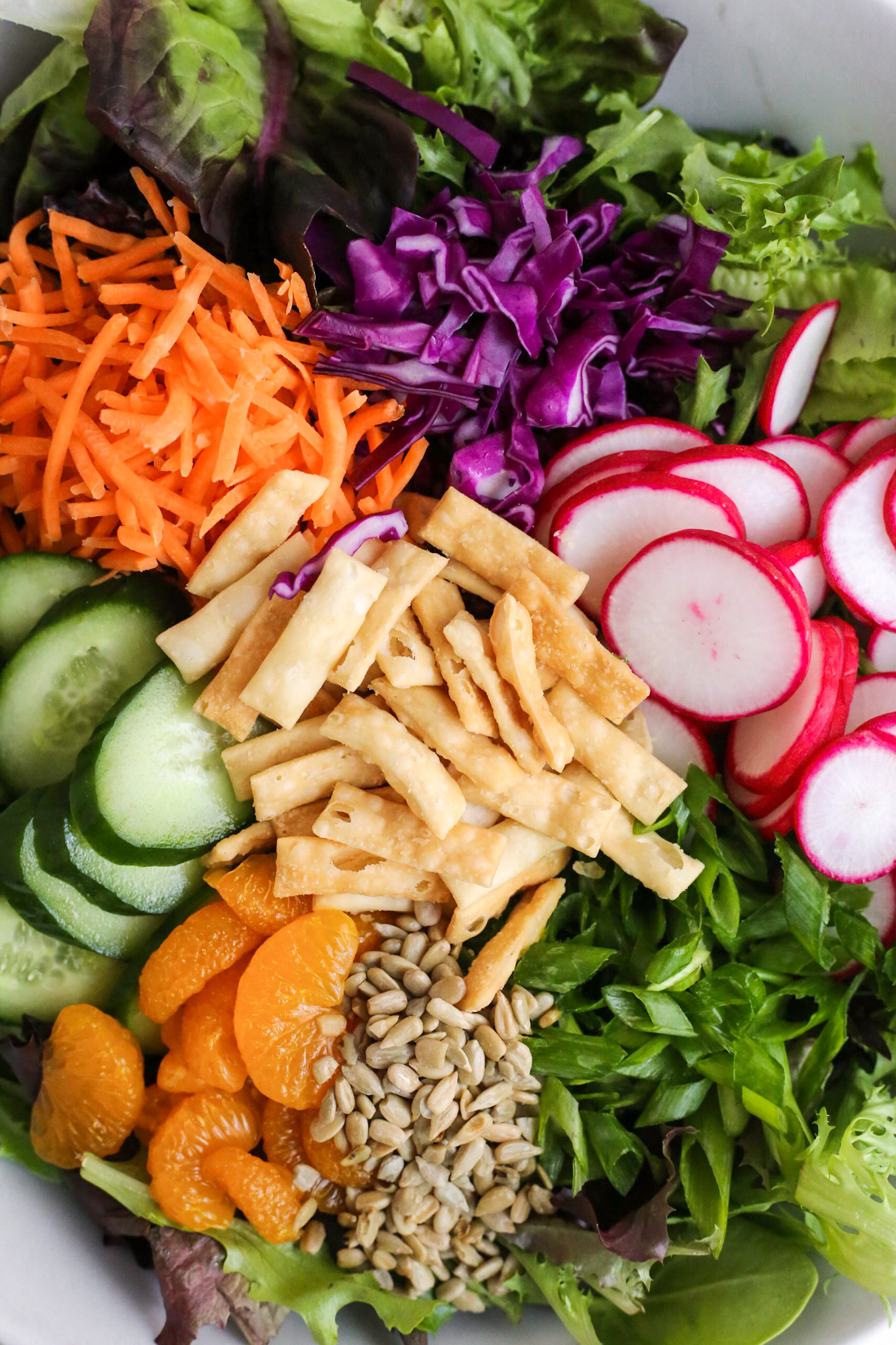 A close cropped view of an unmixed salad with wonton strips, matchstick carrots, shredded red cabbage, sliced radishes, sliced cucumbers, green onions, mandarin oranges, and sunflower seeds