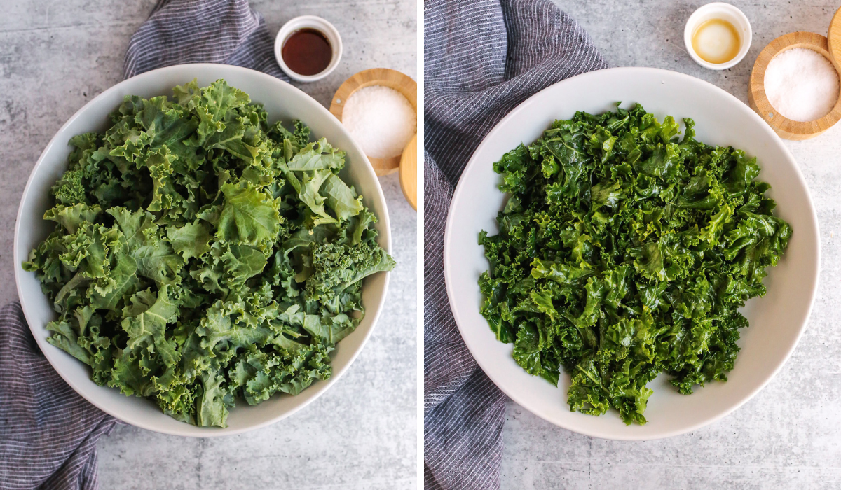 A before and after overhead shot of raw kale in a large white mixing bowl. The before image shows the kale before being massaged, the after shot shows the kale looking more tender, vibrant, and colorful