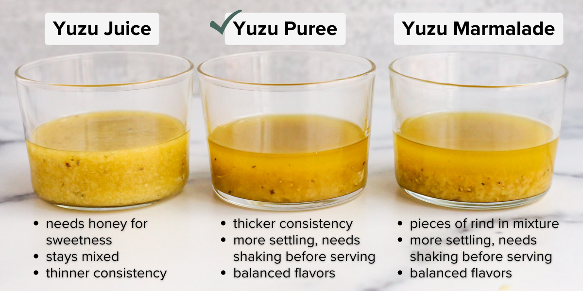 An infographic featuring three small glass ramekins filled with a yuzu vinaigrette salad dressing, showing how the yuzu juice, puree, or marmalade yields slightly different results