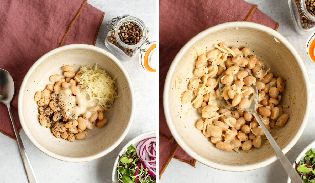Side by side image of canned white beans, drained and rinsed, in a ceramic bowl. In the left image, the beans are unmixed with caesar dressing, black pepper, and shredded parmesan cheese added.  In the right image, the beans are mixed and a silver spoon rests inside the bowl