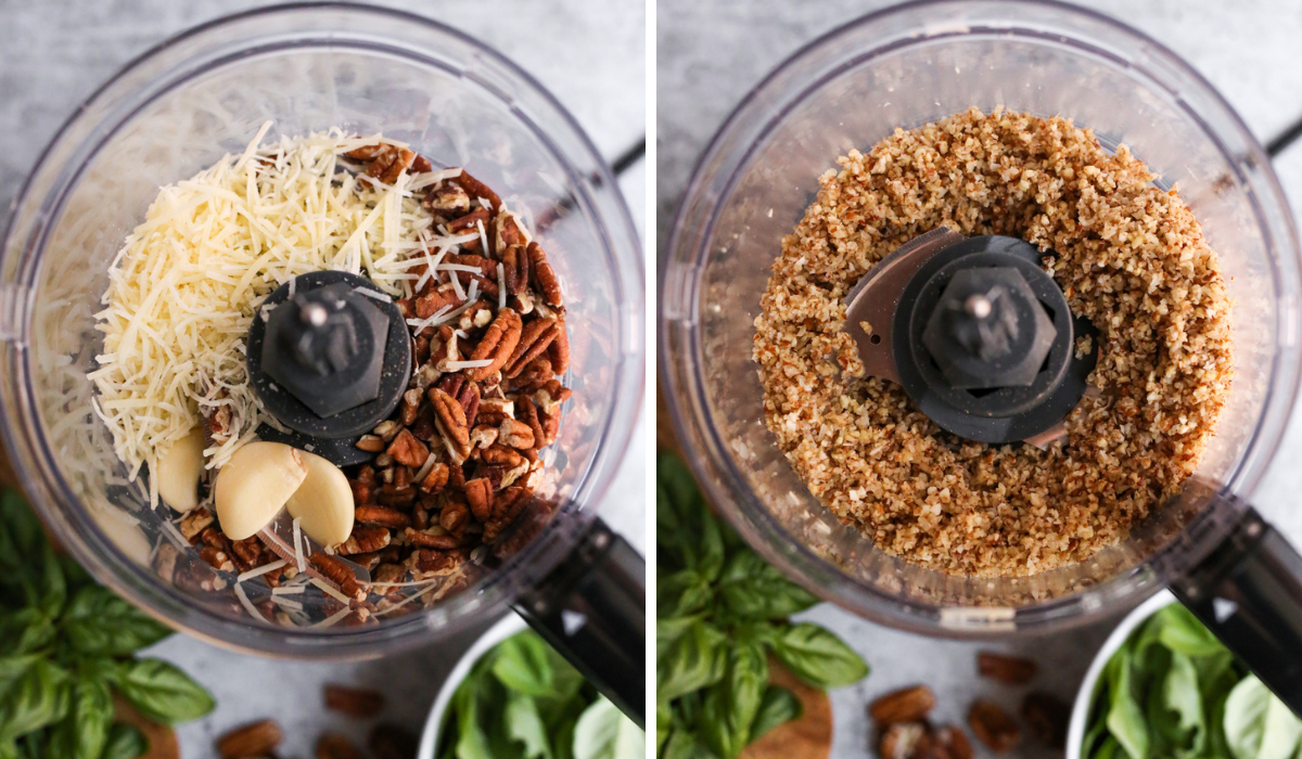 Graphic with two overhead images, the left showing the bowl of a food processor containing shelled pecans, a couple cloves of garlic, and parmesan cheese before blending, and the right side image showing the same set up after blending, with the nuts and cheese blended into a rough, crumbly texture 