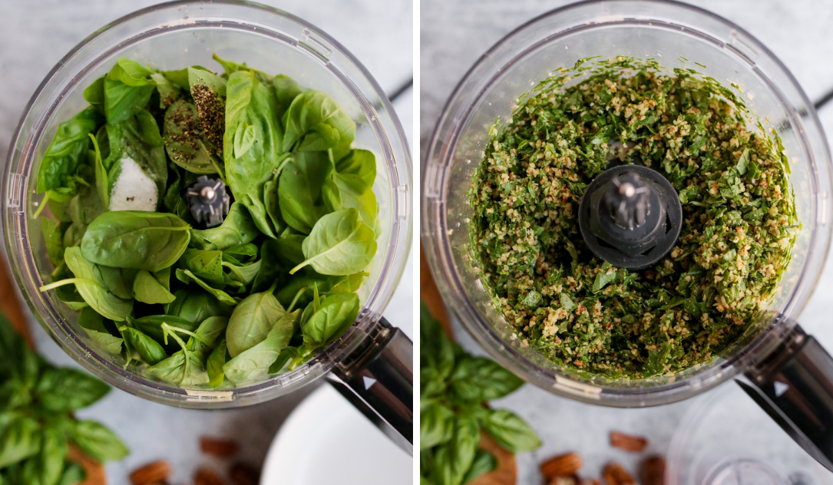 Graphic with overhead views of the food processor used for making a homemade pecan pesto recipe, with the left side showing the fresh basil leaves packed into the bowl of the food processor and the right side showing it after being pulsed a few times to chop the basil