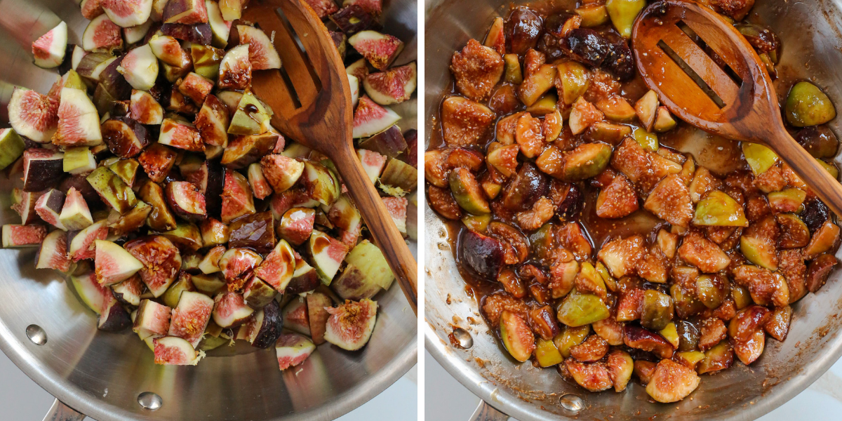 Graphic with two images showing the cooking process for a fig compote recipe, with the left image showing an overhead view into a stainless steel skillet with fresh figs quartered and chopped, and the right image showing the same angle of the same skillet after cooking, where the figs are cooked and reduced in size with less vibrant colors